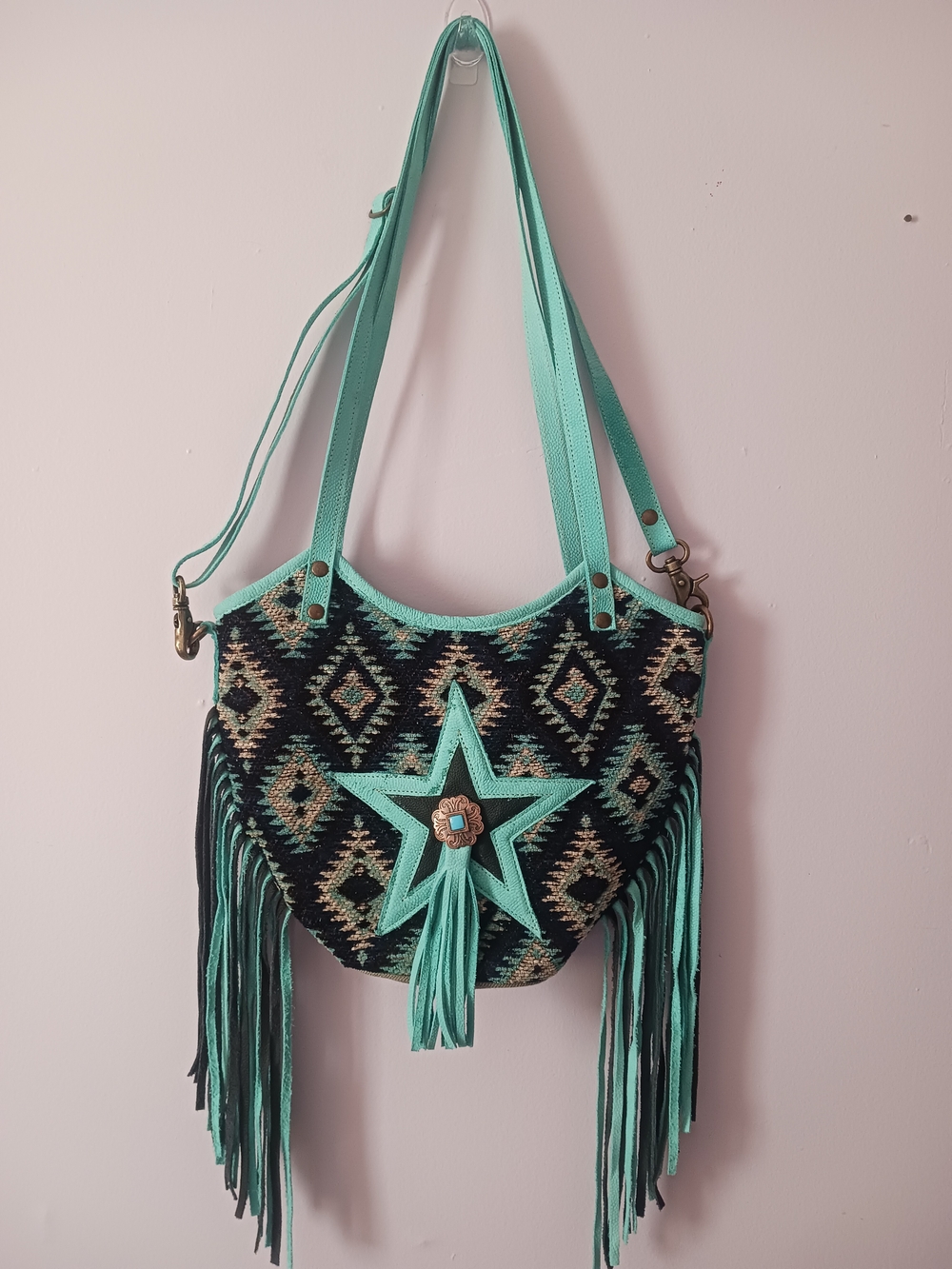 Ohlay by American Darling Turquoise Crossbody Bag with Upcycled Aztec Canvas